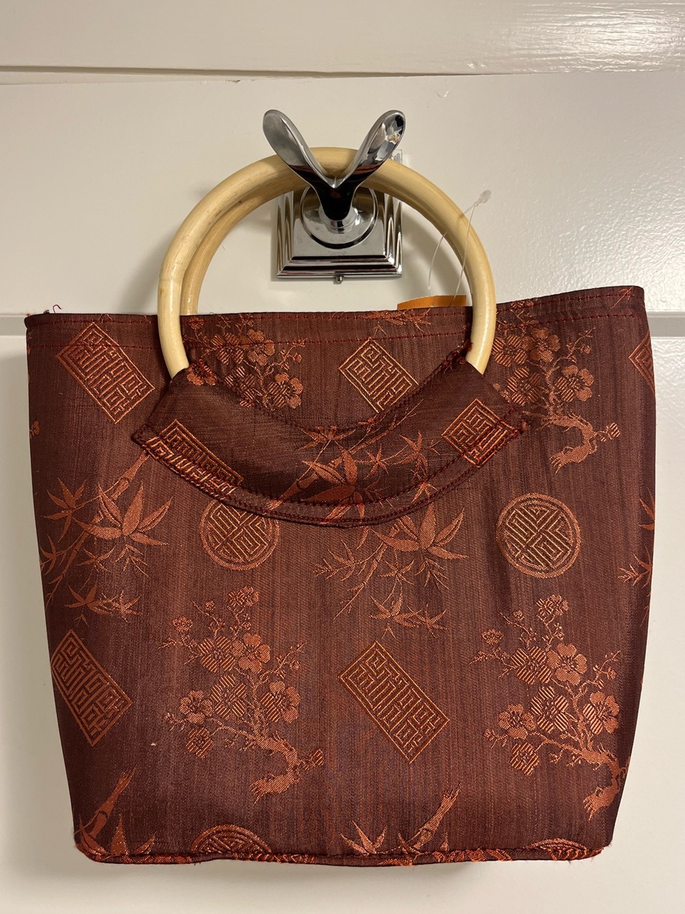 Brown Floral Jacquard Tote with Bamboo Handles